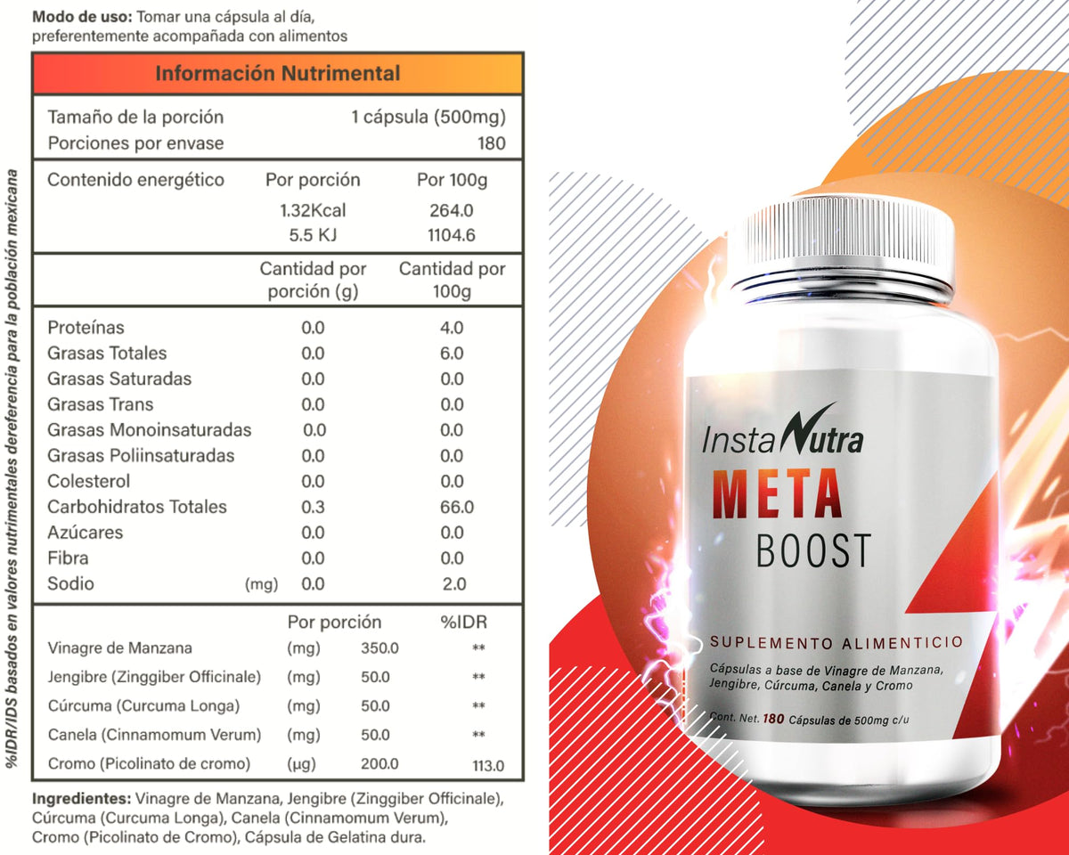 MetaBoost – Vinagre de Manzana con Cúrcuma, Jengibre, Canela y Cromo – 180 Cápsulas Sin Sabor
