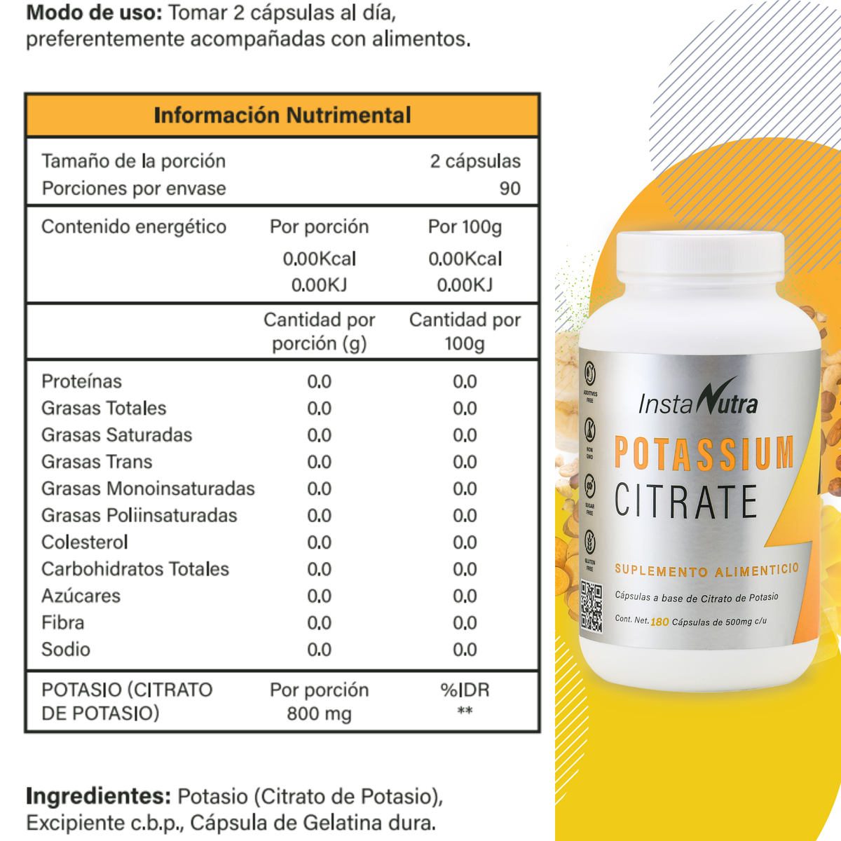 Citrato de Potasio 500 mg – 180 Cápsulas – Rinde 3 Meses