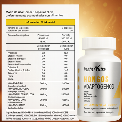 Hongos Adaptógenos 5 en 1 – Reishi, Cordyceps, Melena de León, Maitake y Shiitake – 90 Cápsulas