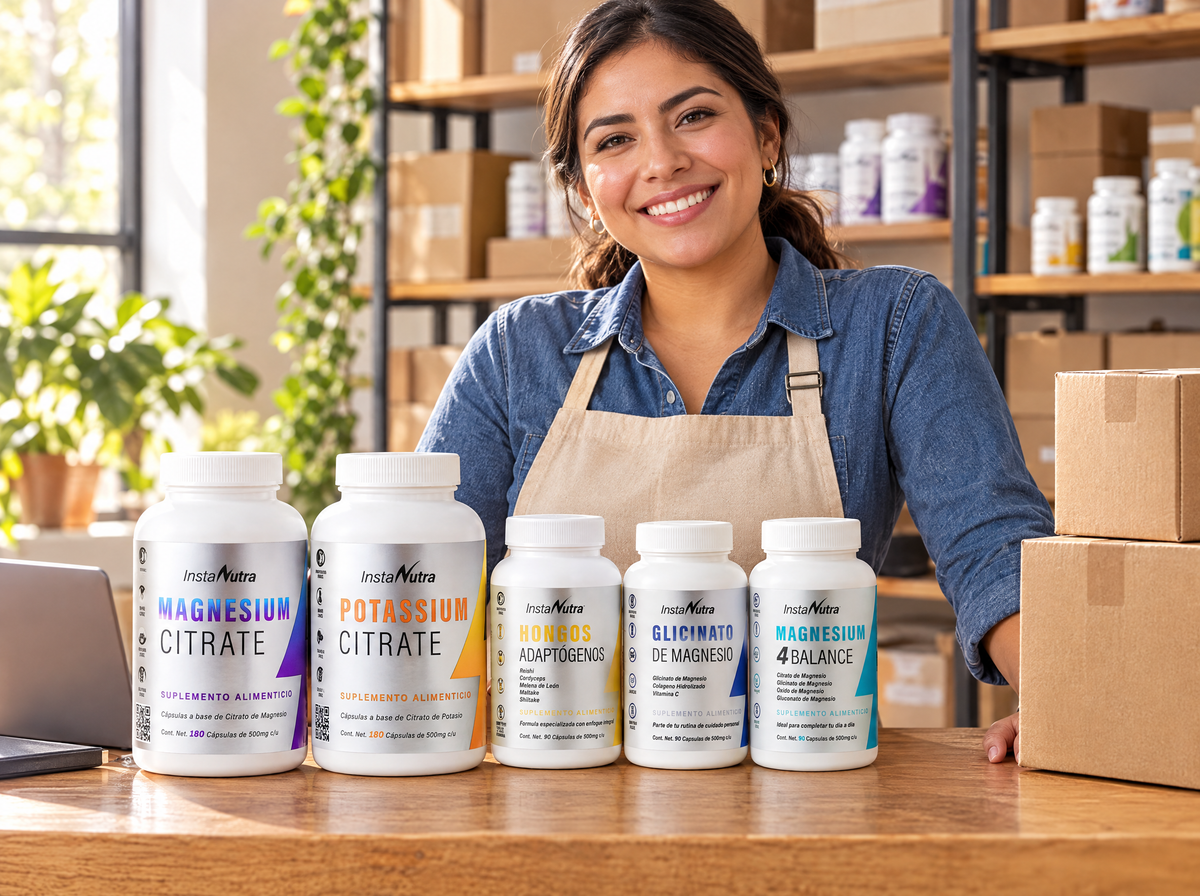 Distribuidor con productos InstaNutra y cajas de pedido